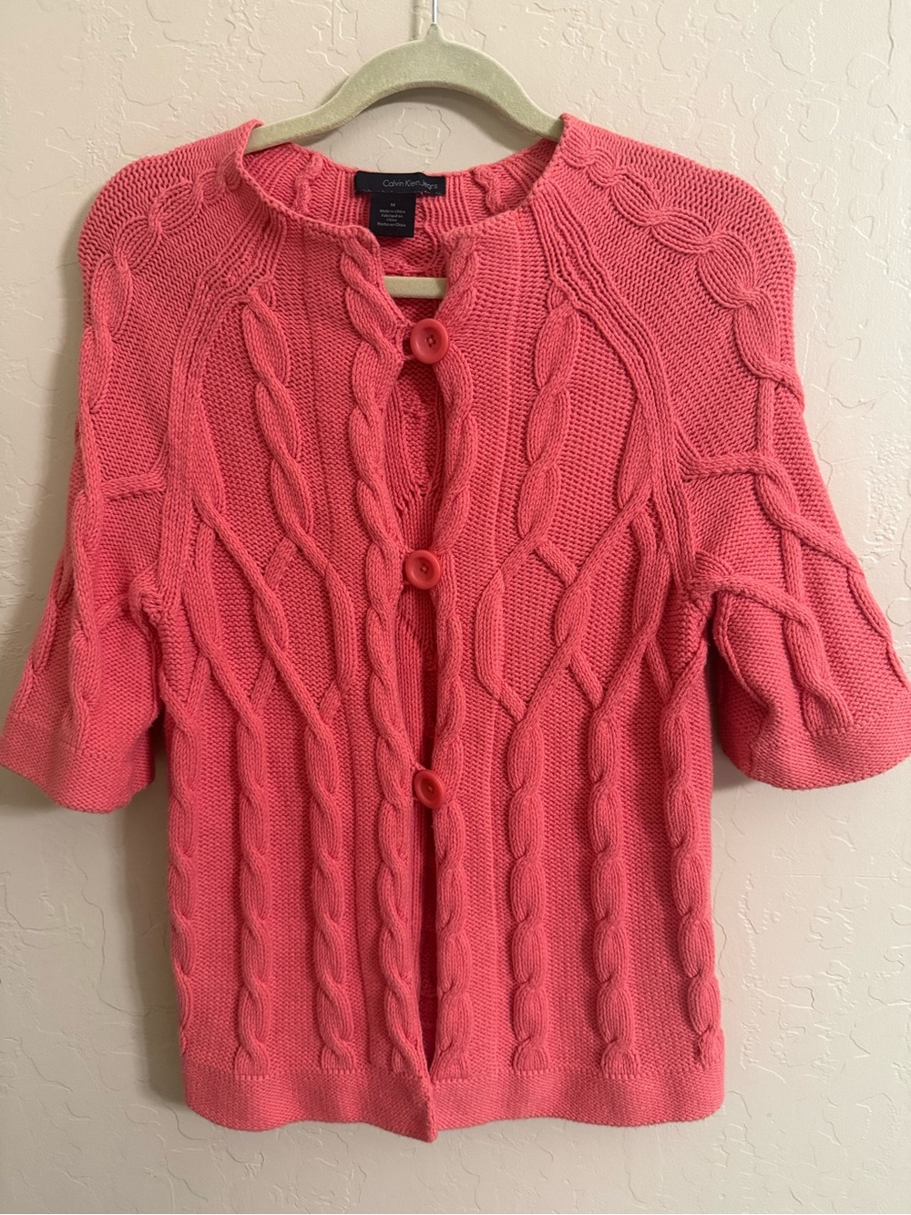 Calvin Klein Salmon Pink Cable-Knit Short-Sleeve Sweater Cardigan size Medium